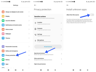 Android settings screen showing how to enable unknown sources for APK installation
