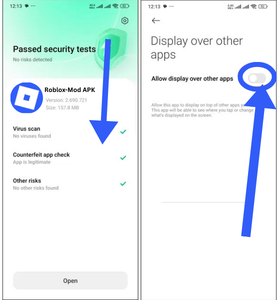 The Android screen shows how to turn on the display over the app screen requesting access for the roblox mod APK.