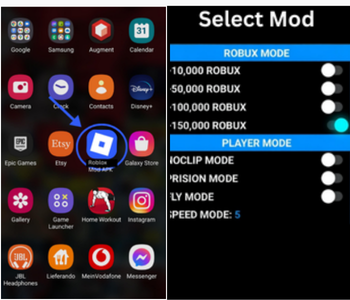 Android device's main menu displaying installed apps and the Roblox mod apk icon with mod features interface