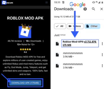 an interface displaying a button to download the Roblox mod APK and downloaded file in chrome with an arrow.