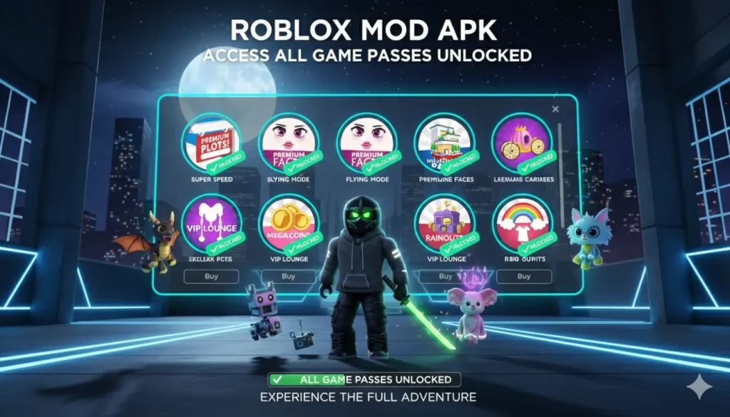 Roblox interface displaying all the games' unlocked options with an avatar holding a green neon knife