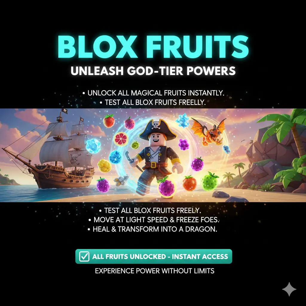 Roblox pirate character surrounded by glowing Blox Fruits, dragon transformation and magical powers in MOD APK