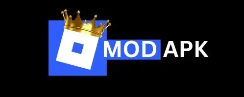 Robloox Mod APK website header logo with a blue square icon, white tilted shape, gold crown, and MOD APK text on black background