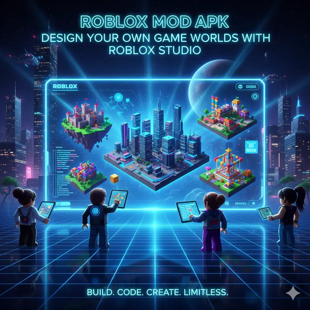 A group of Roblox avatars is building floating islands, creating custom game worlds, maps and structures inside a glowing blue hologram.