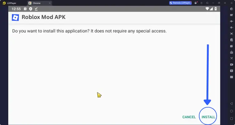 An interface of the Android emulator for a step-by-step guide to installing a Roblox modded version with a blue arrow pointing to the Install button.