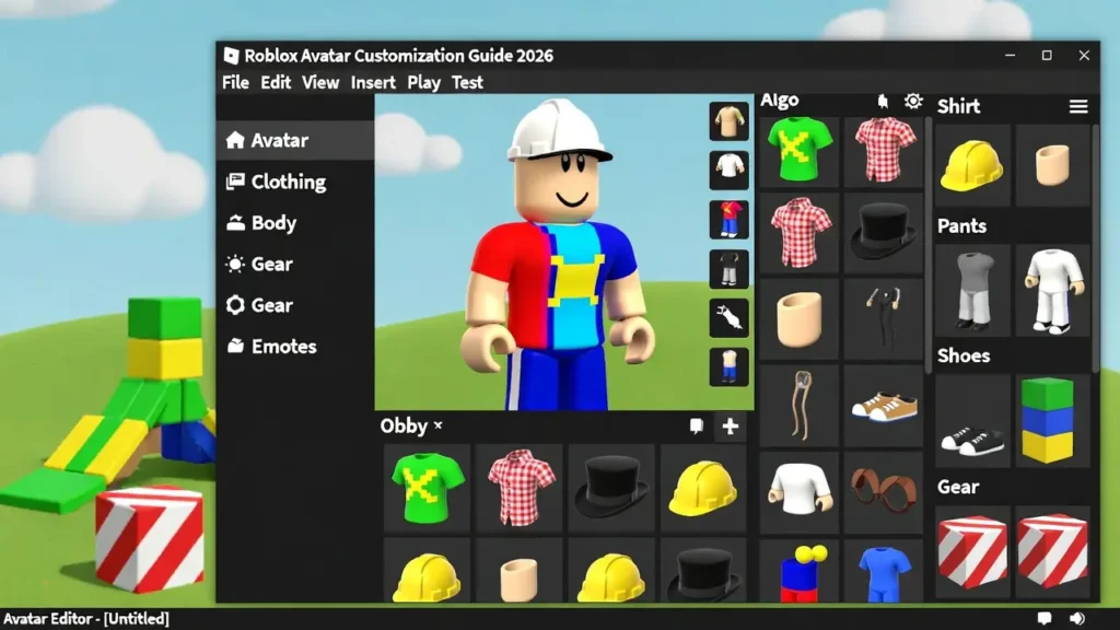 Laptop screen running Roblox Avatar Customization 2026 with Roblox character trying on outfits, hats, shirts, and accessories to create a personal look in step-by-step guide