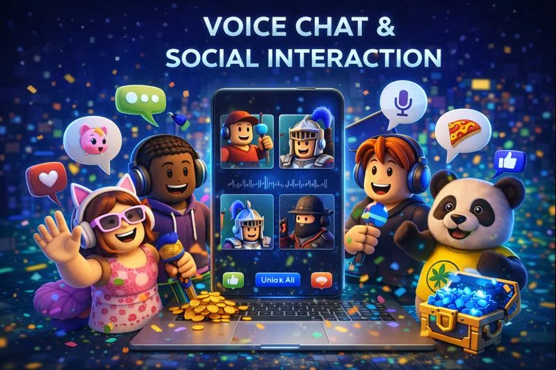 Roblox interface showing voice chat and social interaction features between players.