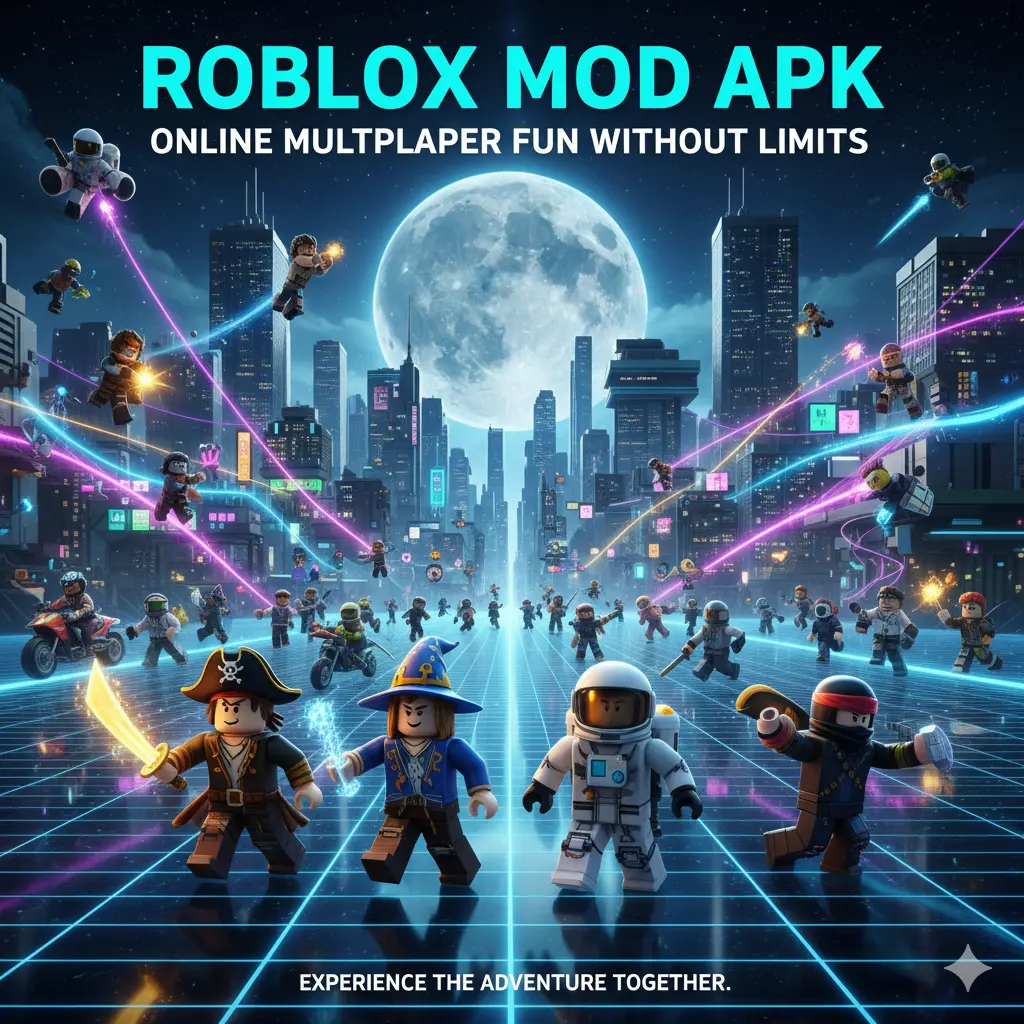 Multiple Roblox characters showcasing different abilities and features in the Roblox Mod APK game.