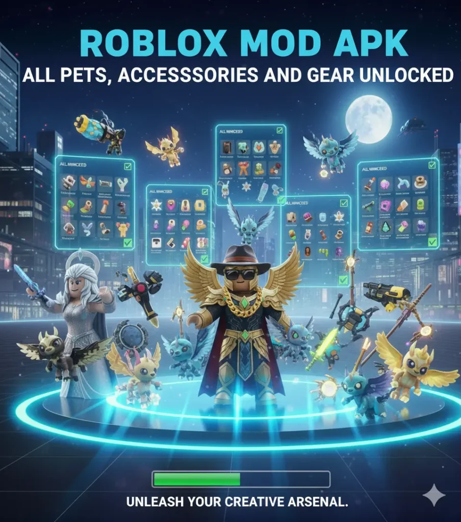 Roblox avatar surrounded by floating unlocked pets, mythical creatures, weapons and accessories in glowing platform scene