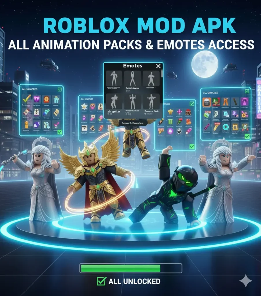 Roblox MOD APK emotes menu open with glowing avatars performing unlocked dances and animations under night sky