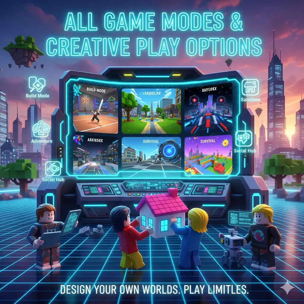 Roblox interface showing multiple unlocked game modes and creative options