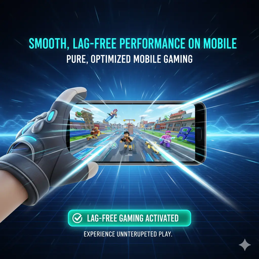 Hand holding smartphone displaying smooth, high-frame-rate Roblox gameplay with no lag in optimized for mobile
