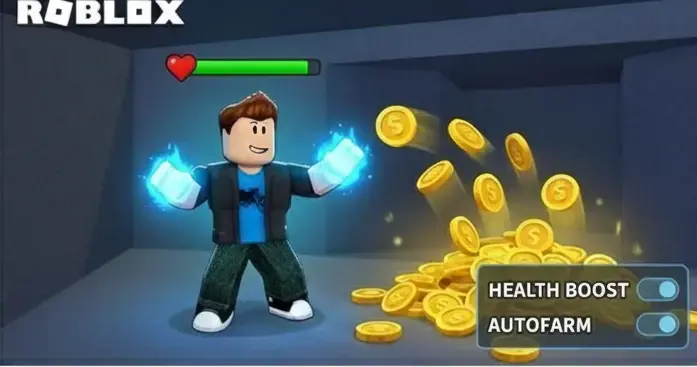 Roblox character collecting coins using auto farm and health boost features