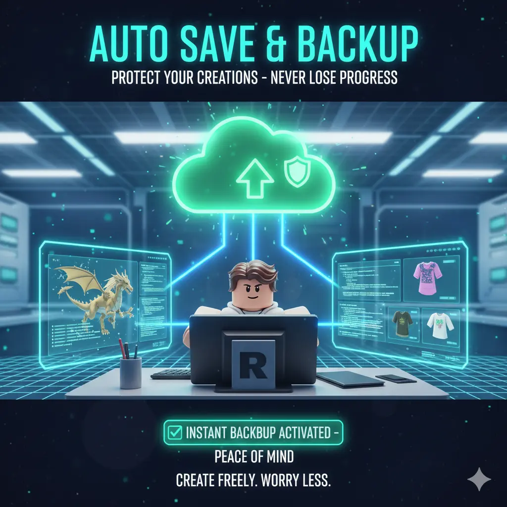 Roblox avatar at laptop with glowing green cloud backup symbol protecting game creations, auto-save and backup feature activated.