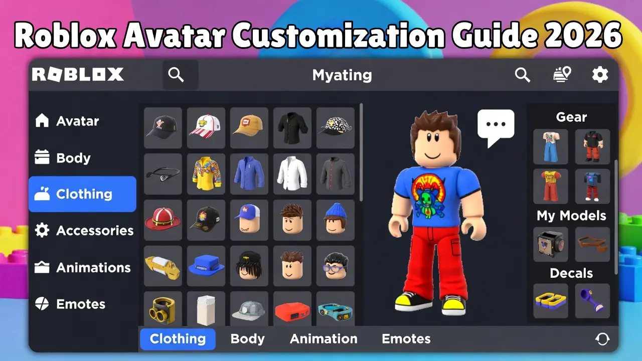 Roblox Avatar Editor 2026 showing character customization with shirt, hats, pants, gear, and colorful clothing options open in a clean interface for a beginner's guide to designing your own Roblox character
