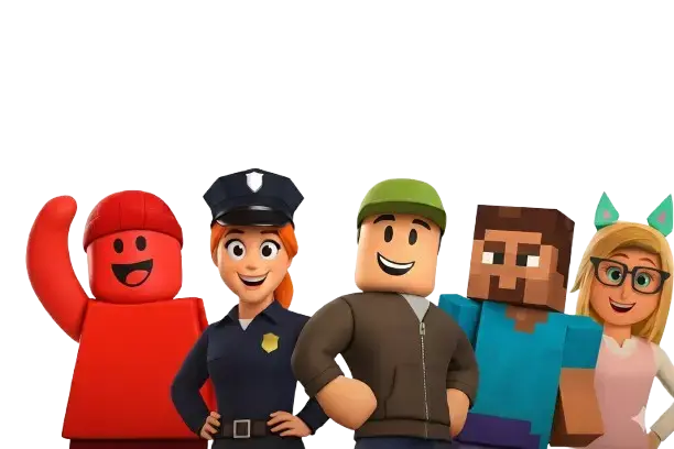 A group of diverse Roblox characters including a police officer and a red block figure, used for gaming website backgrounds.