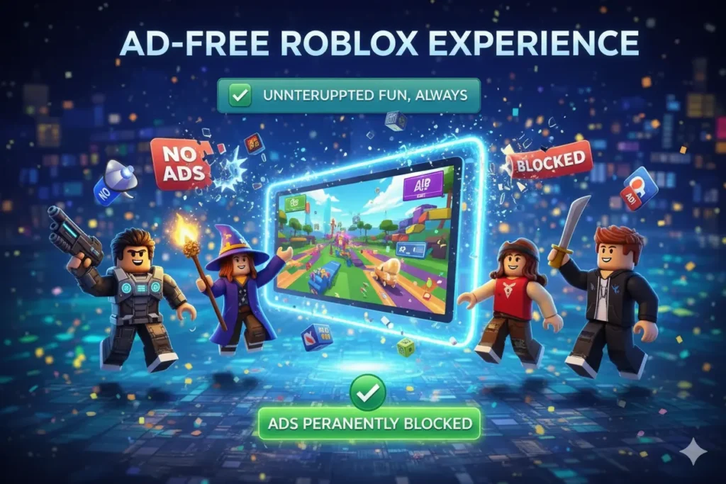 A group of Roblox avatars represents ad-free gameplay with blocked ads notification and uninterrupted fun screen
