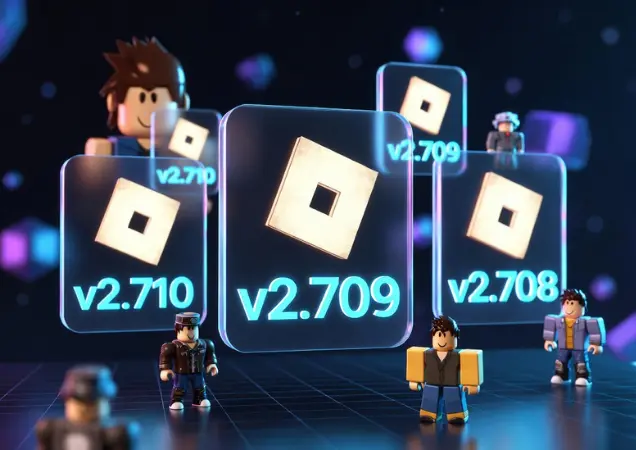 A 3D digital illustration of Roblox avatars standing around glowing translucent glass panels that display the Roblox logo and old version numbers v2.708, v2.709, and v2.710.