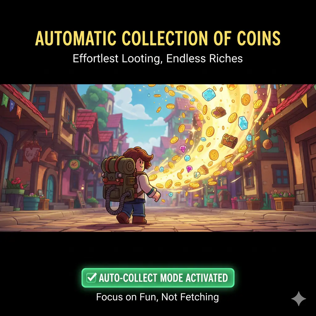 Roblox character with backpack automatically collecting gold coins and gems in a fantasy village street, auto-collect mode activated