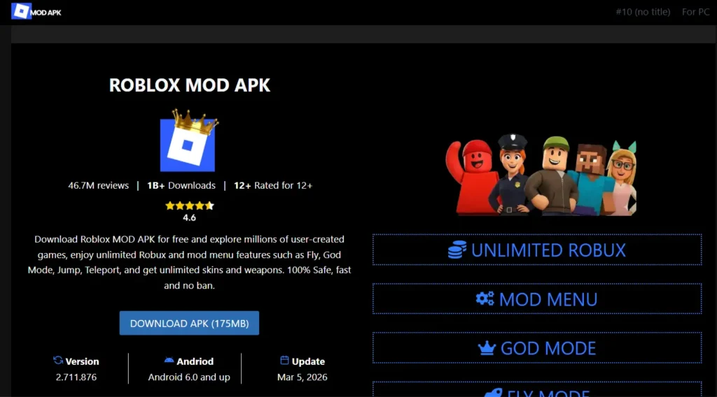 A dark mode website interface showing Roblox Mod APK features like Unlimited Robux, God Mode, and Fly Mode options for PC players.