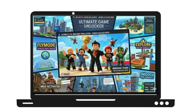 A colorful collage showing different Roblox game modes like Bloxburg and Tower of Hell being played on a PC with mod features activated.