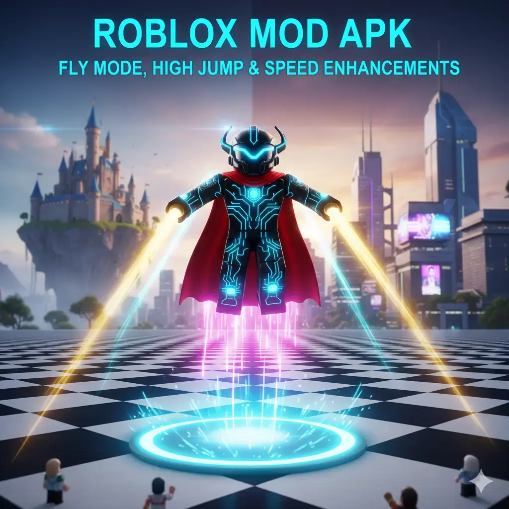 A Roblox avatar in glowing neon armour with a red cape and blue energy trails above a cityscape, using fly mode in the Roblox mod APK with enhanced gameplay features.