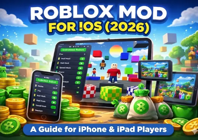 A colourful Roblox scene showing Roblox mod for iOS guide on iPhone and iPad with mod menu, Robux coins, and gameplay features