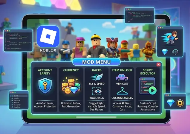 Infographic of a Roblox Mod Menu on a tablet screen showing features like Speed Hack, Wallhack, and Unlimited Robux.