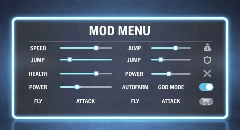 A detailed mod menu layout highlighting health regeneration and power level settings for advanced gameplay.
