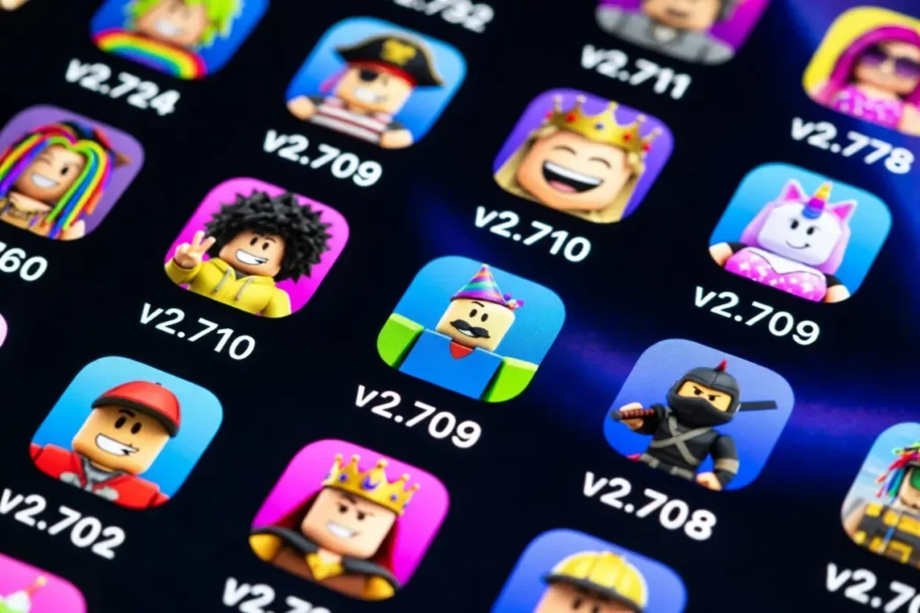 A digital grid display of various Roblox character icons with all popular version numbers like v2.709 and v2.710, featuring classic avatars like the ninja, king, and pirate