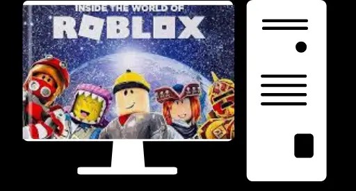 A desktop computer monitor and CPU tower showing the Roblox game art with the text 'Inside the World of Roblox' and several iconic characters.