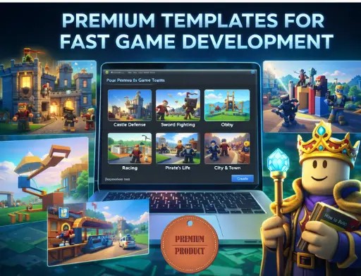 A laptop screen displaying premium Roblox game templates, including castle defense, obby, racing, pirate life, and city themes, with a king avatar holding a book for quick and easy game creation