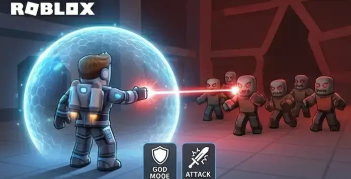 Roblox avatar using shield protection and attacking enemies with mod features