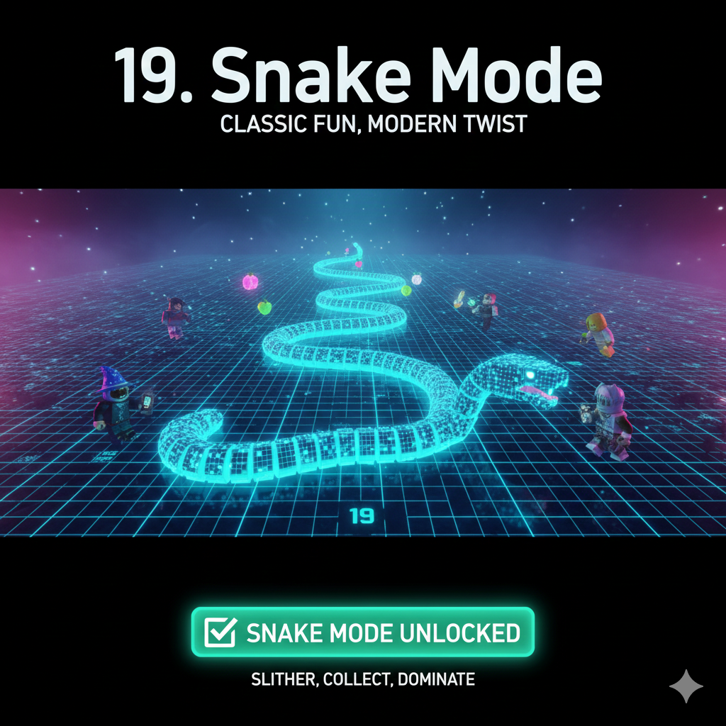 Pixel-style glowing snake trail collecting items on neon grid with Roblox characters in Snake Mode gameplay