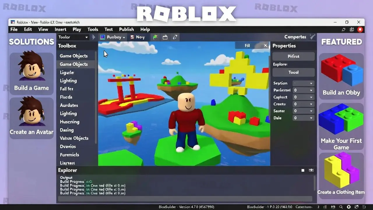 Roblox Studio interface displaying explorer, properties panel, and game environment for first game creation