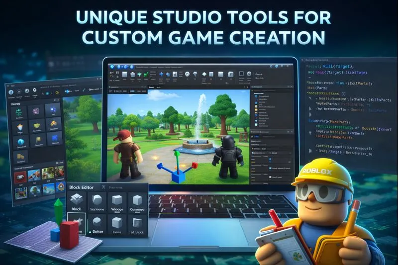 The Roblox Mod Apk Studio interface shows code editors and block tools for building and customizing games and 3D scenes with fountains, trees, and avatars.
