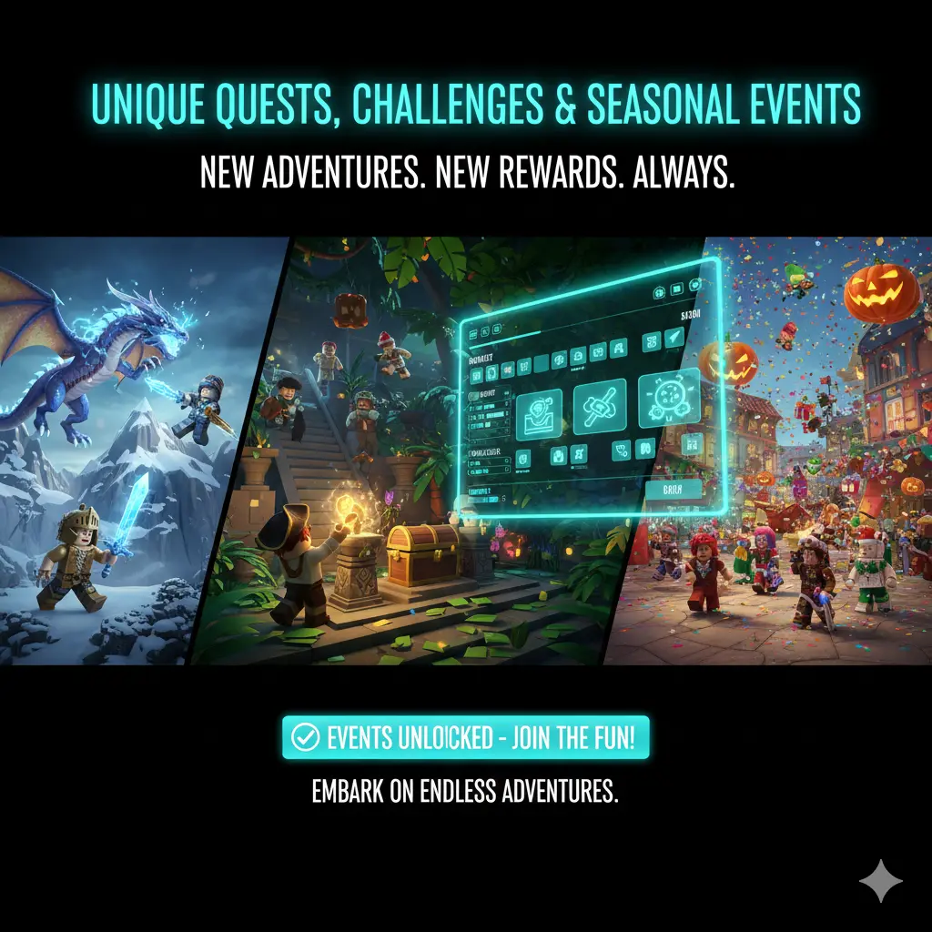 Roblox characters exploring treasure, dragon battles and seasonal Halloween event interface with glowing quest panel