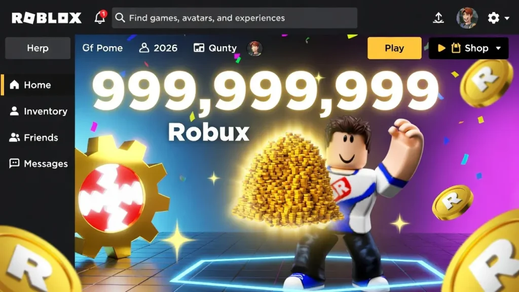 The laptop interface of Roblox displaying avatar surrounded by massive 999,999,999 Robux pile, glowing coins, and celebratory background.