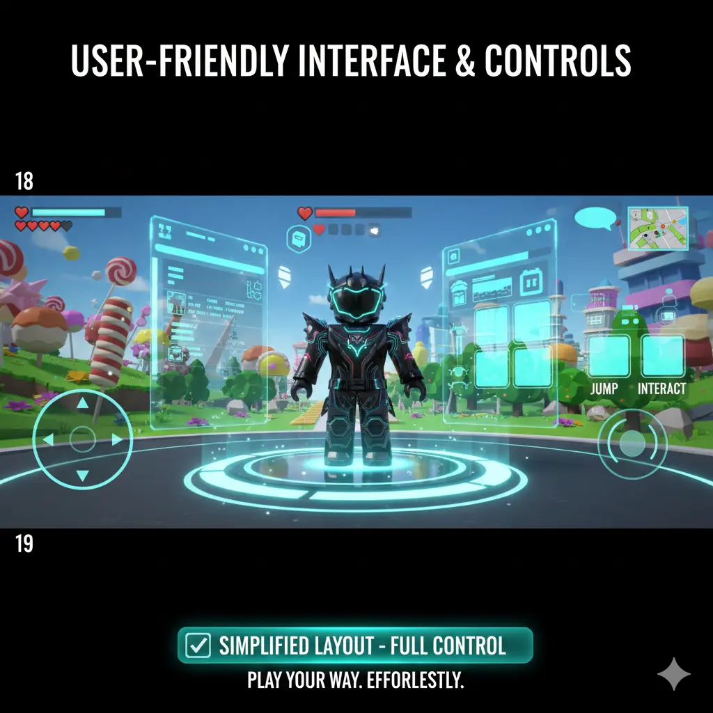 Clean, neon-style Roblox mobile HUD showing jump, interact, health bars and map in user-friendly interface