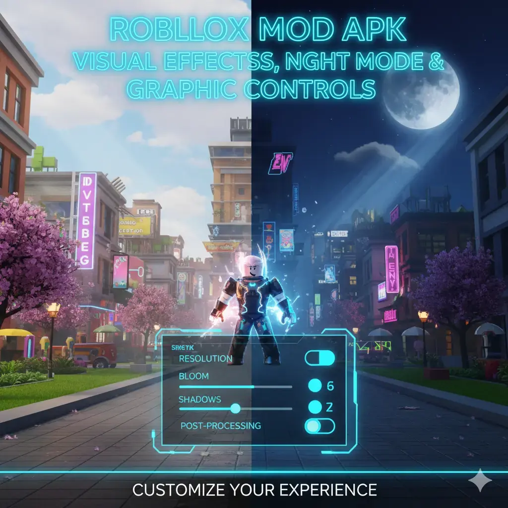 Split-screen view of a Roblox character with a neon glow and moon background, showing night mode and advanced settings.