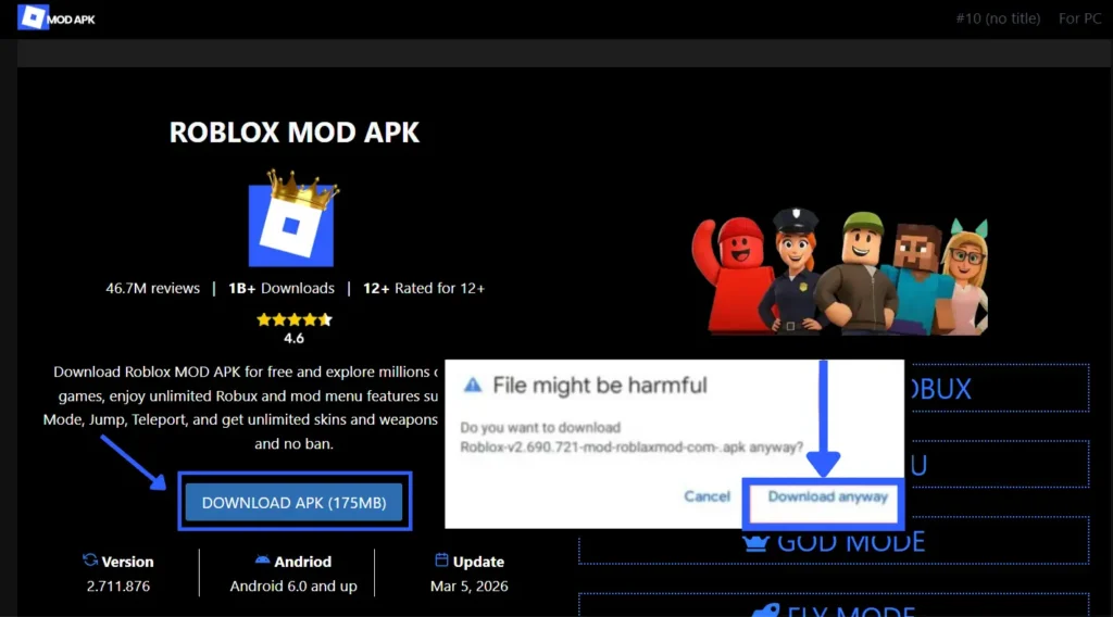 A technical guide image showing how to bypass the "File might be harmful" warning when downloading the Roblox Mod APK for PC.