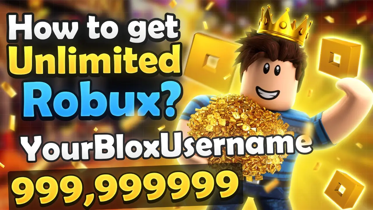 Roblox player character wearing crown holding huge pile of 999,999,999 glowing Robux coins with sparkles and question text "How to get Unlimited Robux?" for 2026 guide article