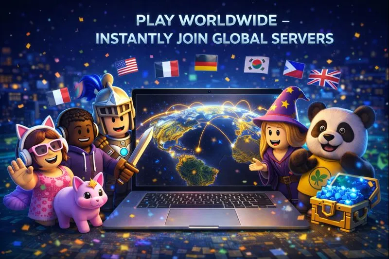 Laptop screen showing global Roblox server map with flags from USA, UK, Japan, France and more, instant worldwide join.
