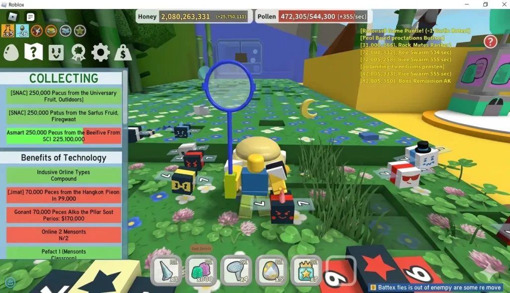 Bee Swarm Simulator interface showing high honey and pollen counts, active collection quests, and technology benefits in Roblox Mod APK.