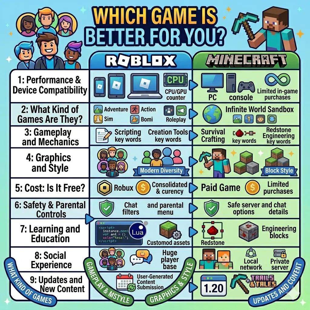 A vertically split infographic titled "WHICH GAME IS BETTER FOR YOU?" comparing Roblox and Minecraft across 9 numbered rows: 1. Performance & Device Compatibility, 2. What Kind of Games Are They?, 3. Gameplay and Mechanics, 4. Graphics and Style, 5. Cost: Is It Free?, 6. Safety & Parental Controls, 7. Learning and Education, 8. Social Experience, and 9. Updates and New Content. The left side features Roblox icons like mobile/PC screens and Lua scripting, while the right side features Minecraft icons like Steve, crafting blocks, and Redstone.