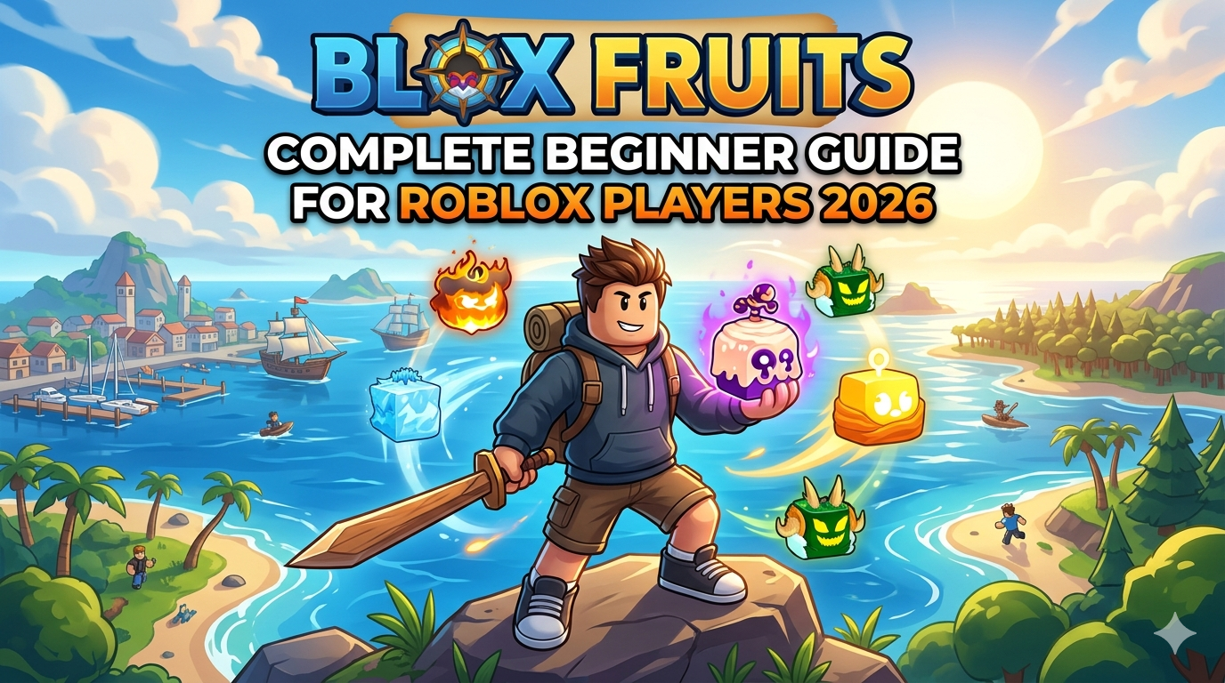 A Roblox character standing on a cliff overlooking a tropical island with various floating Blox Fruits, including Flame, Ice, and Buddha fruits.