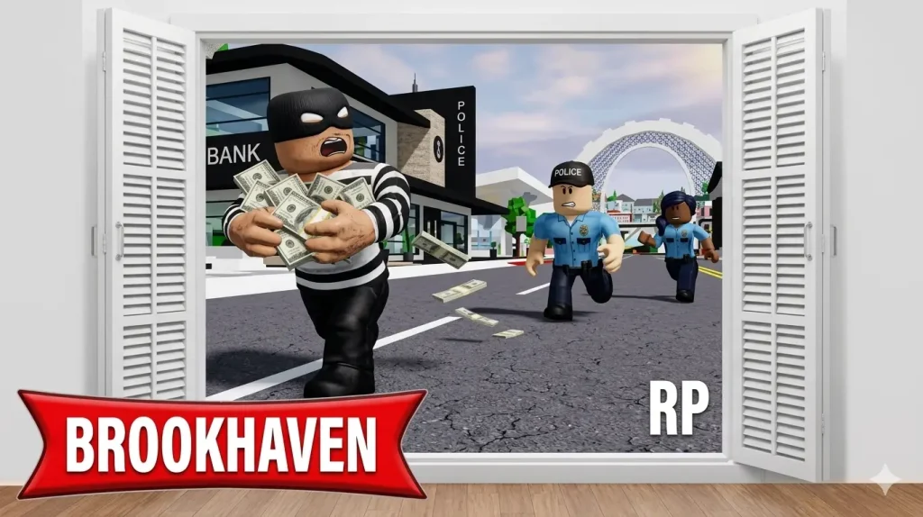 Roblox most popular game Brookhaven RP showcasing bank robber escaping with cash while being chased by police.