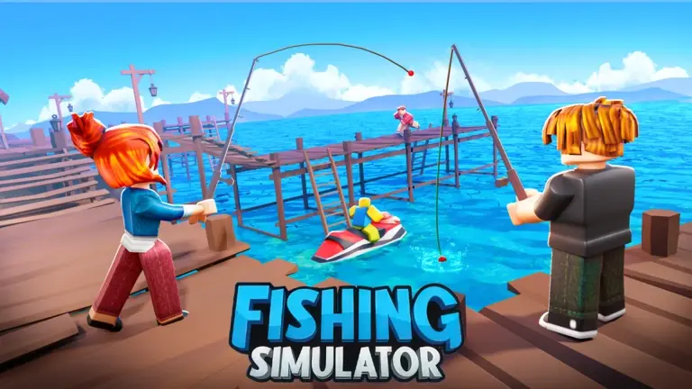 Roblox fishing simulator game characters enjoying catching fish on a sunny ocean pier with a jet ski.