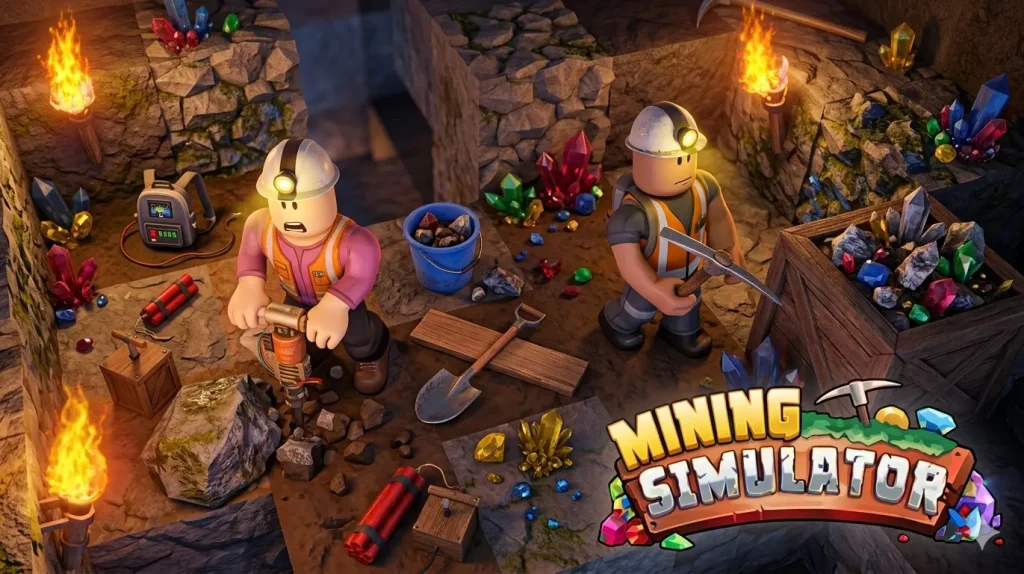 Two Roblox characters in a mining simulator game using a jackhammer inside a mine and pickaxe to collect rare crystals, diamonds, and gems.