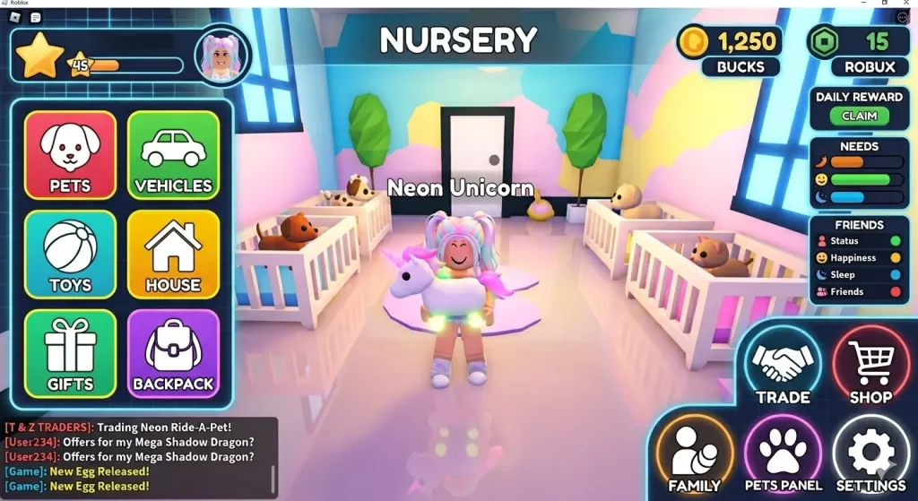 A high-quality Roblox Adopt Me gameplay interface showing unlocked pets, nursery, and mod menu options.